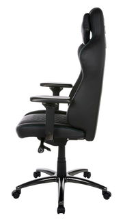 Seitliche Ansicht eines schwarzen Gaming-Stuhls mit verstellbaren Armlehnen und ergonomischem Design.