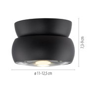 Schwarze LED-Deckenleuchte in moderner, runder Form, seitliche Perspektive, Durchmesser 11-12,5 cm, Höhe 7,3-9 cm.