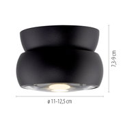 Zwarte led-plafondlamp in een moderne, ronde vorm, zijaanzicht, diameter 11-12,5 cm, hoogte 7,3-9 cm.