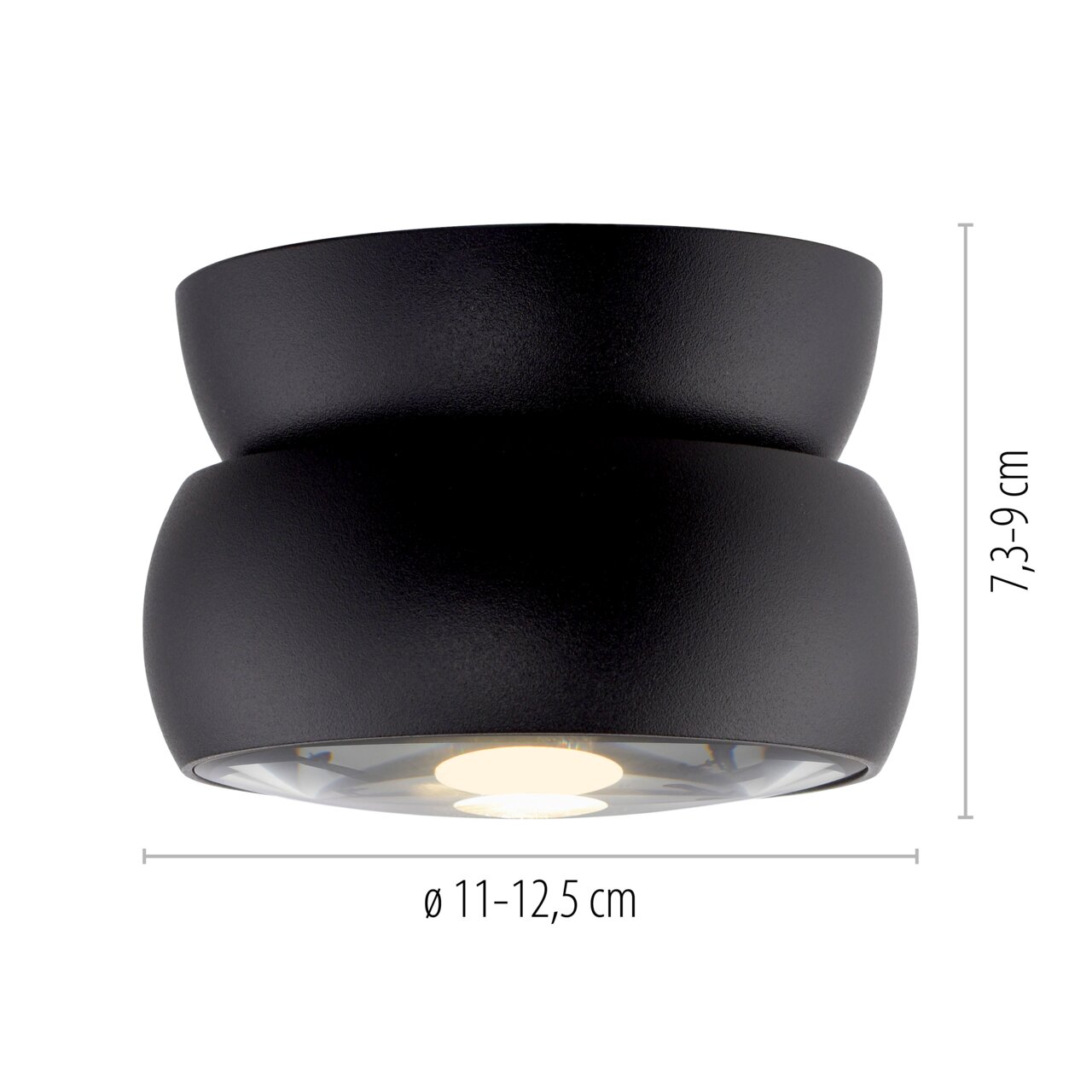 Zwarte led-plafondlamp in een moderne, ronde vorm, zijaanzicht, diameter 11-12,5 cm, hoogte 7,3-9 cm.
