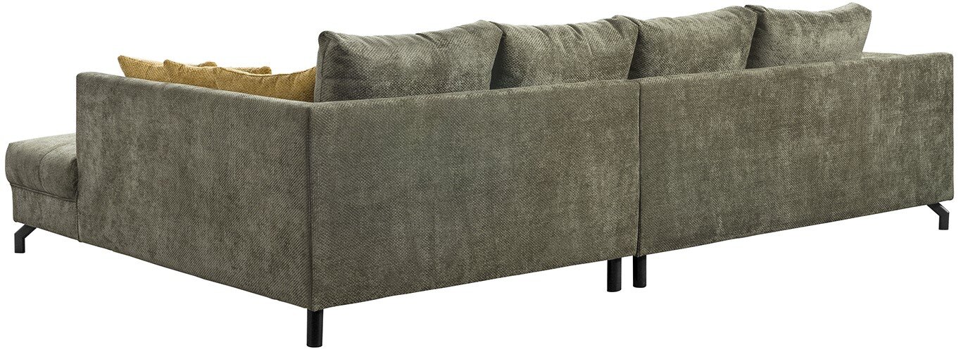 Grünes, modernes Ecksofa mit Chaiselongue links, Stoffbezug, hohen Rückenpolstern und schwarzen Metallfüßen, Ansicht schräg von hinten/seitlich
