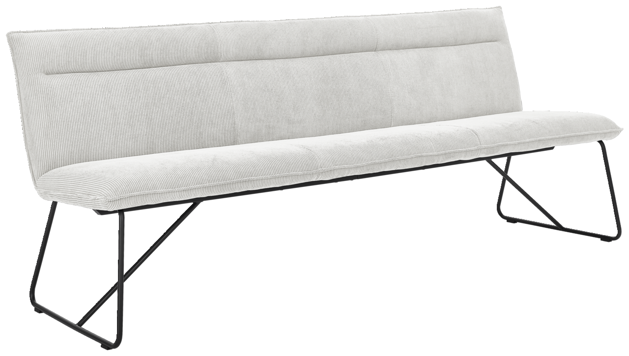 Johann Jakob Sitzbank CALAS Moderne Sitzbank Johann Jakob CALAS mit hellgrauem Stoffbezug und schwarzen Metallbeinen, seitliche Perspektive