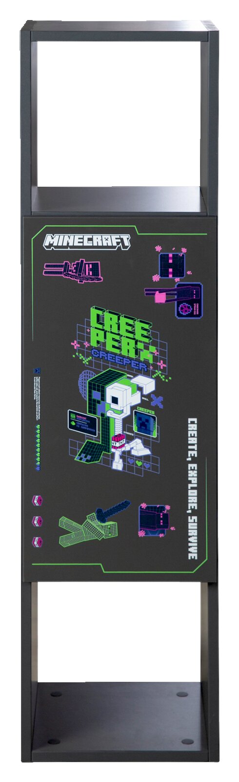 Minecraft-vitrine met Creeper-ontwerp, gezien vanaf de voorkant