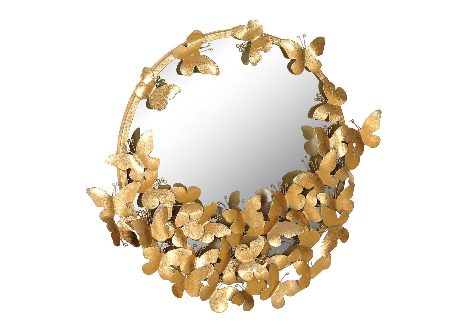 Runder Wandspiegel mit goldenen Schmetterlingen verziert, aus der Frontalperspektive betrachtet.