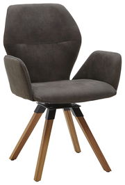 Moderner Armlehnenstuhl mit dunkelgrauem Polster und Holzbeinen, seitliche Perspektive
