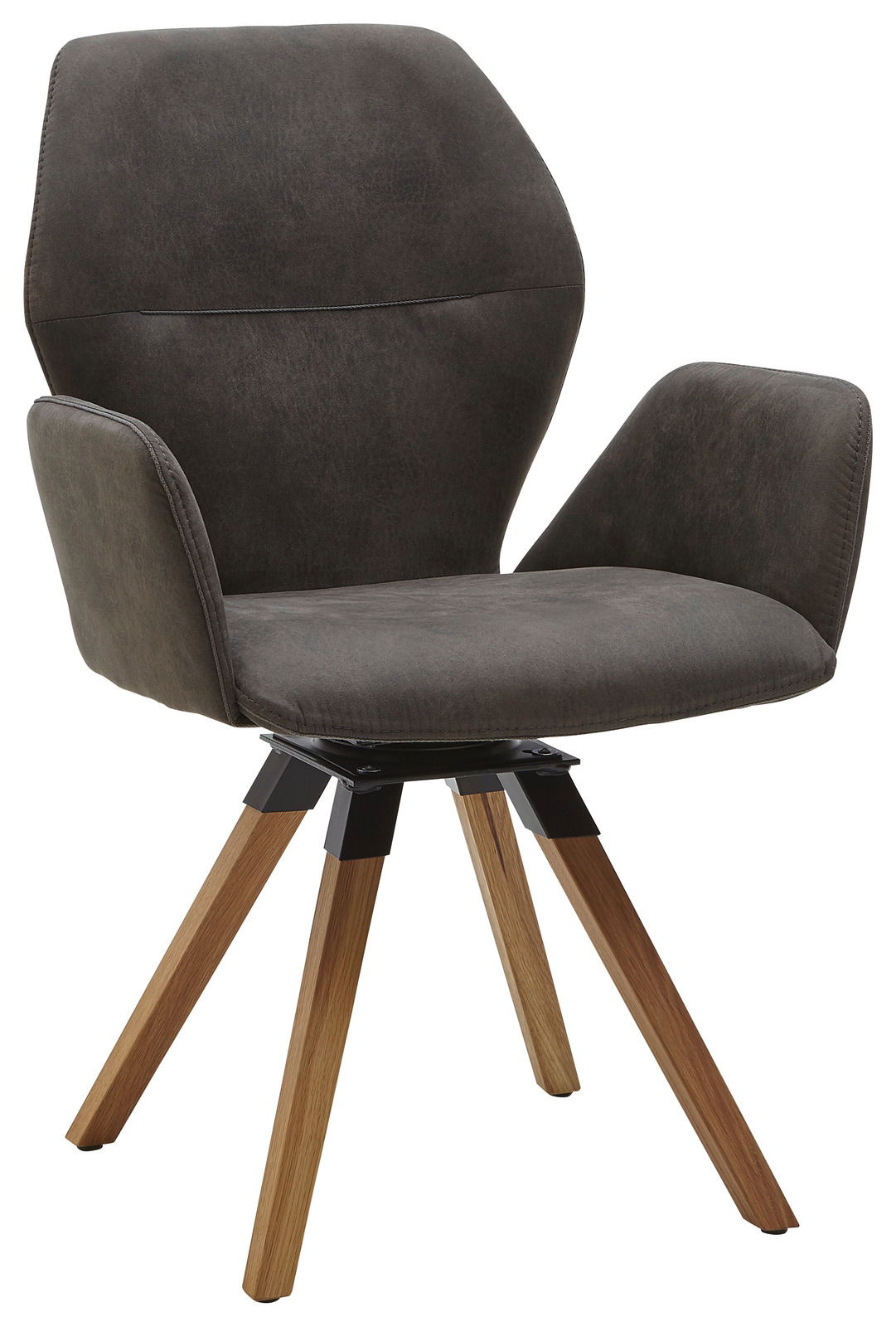 Moderner Armlehnenstuhl mit dunkelgrauem Polster und Holzbeinen, seitliche Perspektive