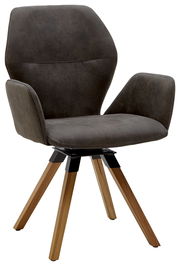 Moderner Armlehnenstuhl mit dunkelgrauem Polster und Holzbeinen, seitliche Perspektive