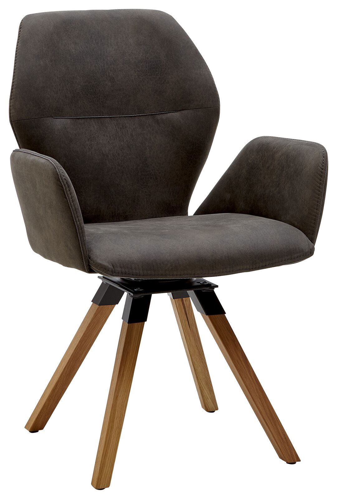 Moderner Armlehnenstuhl mit dunkelgrauem Polster und Holzbeinen, seitliche Perspektive