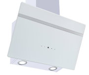 Schrägansicht von vorn: moderne Wand-Dunstabzugshaube mit weißer Glasfront, Edelstahlleiste, Touch-Bedienfeld und zwei runden LED-Leuchten unten.