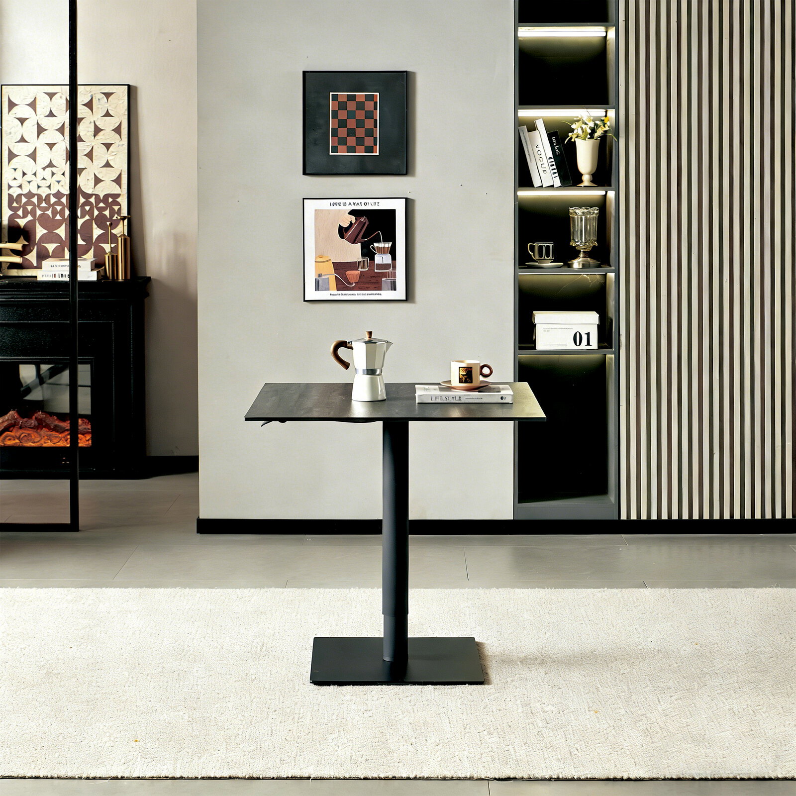 Moderner quadratischer Bartisch in einem stilvollen Raum, frontal betrachtet, mit Dekorationen wie einer Kaffeekanne und einer Tasse.