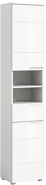 Weißer Hochschrank mit mehreren Schubladen und offenen Regalfächern, seitliche Perspektive