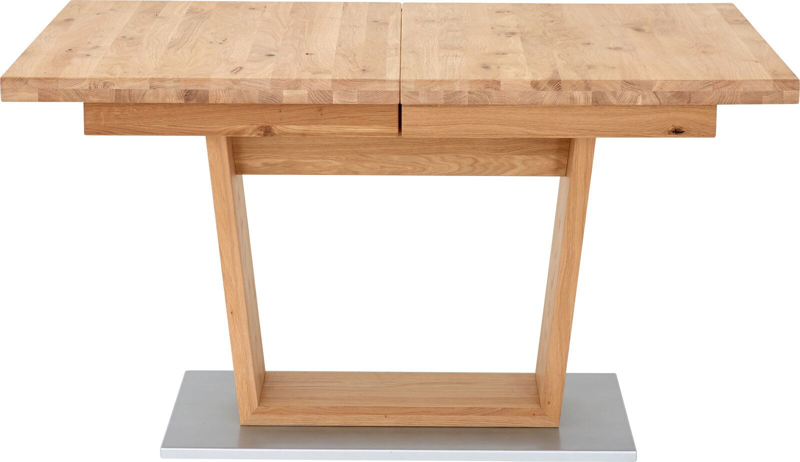 Moderner Esstisch aus Holz mit rechteckiger Tischplatte und stabiler Basis, Frontalansicht