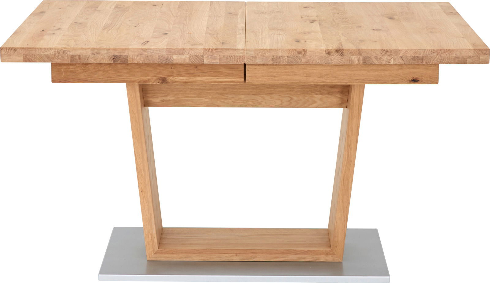 Moderner Esstisch aus Holz mit rechteckiger Tischplatte und stabiler Basis, Frontalansicht