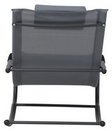 Rückansicht einer grauen Schaukelliege mit Metallrahmen.