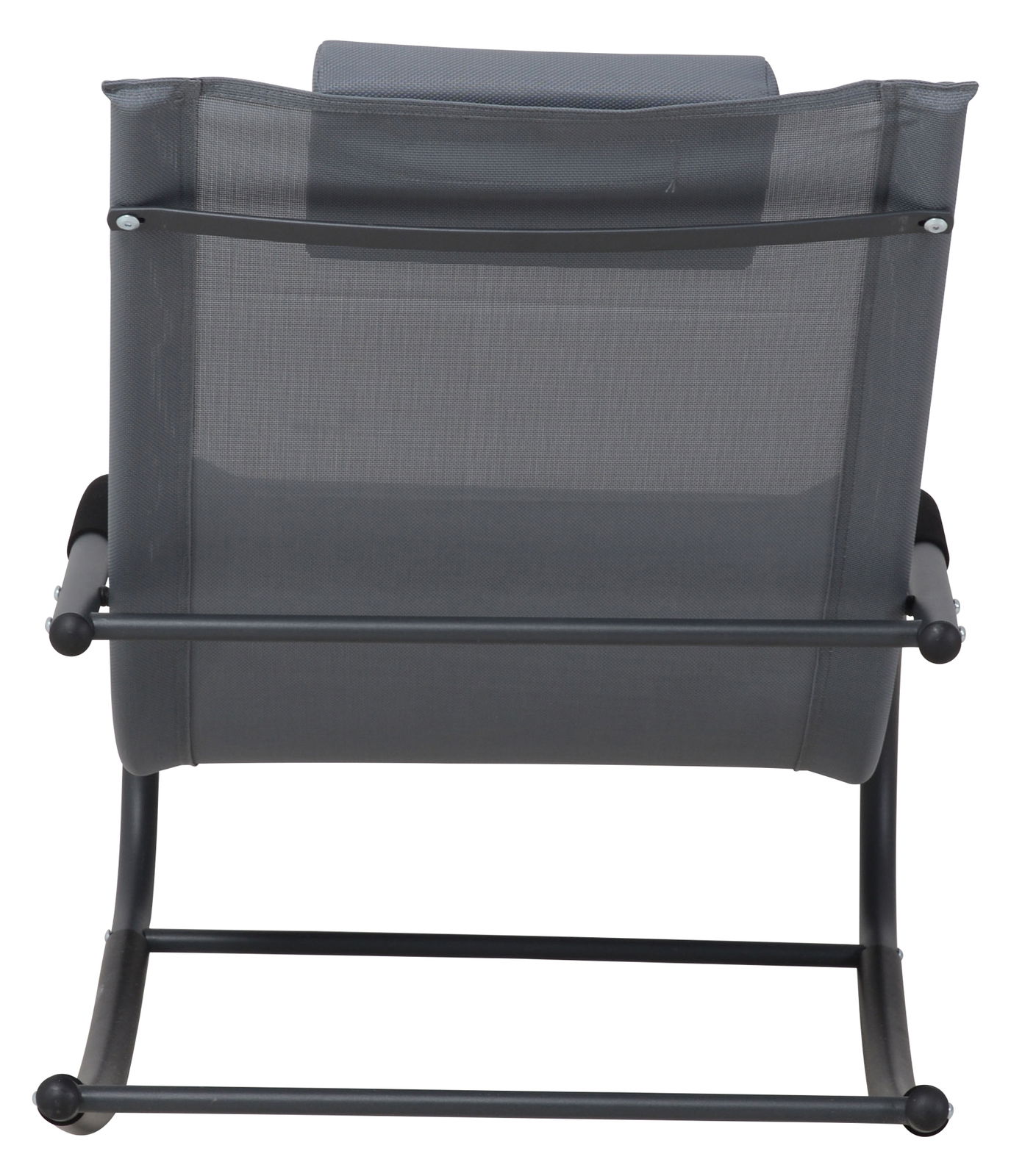 Rückansicht einer grauen Schaukelliege mit Metallrahmen.