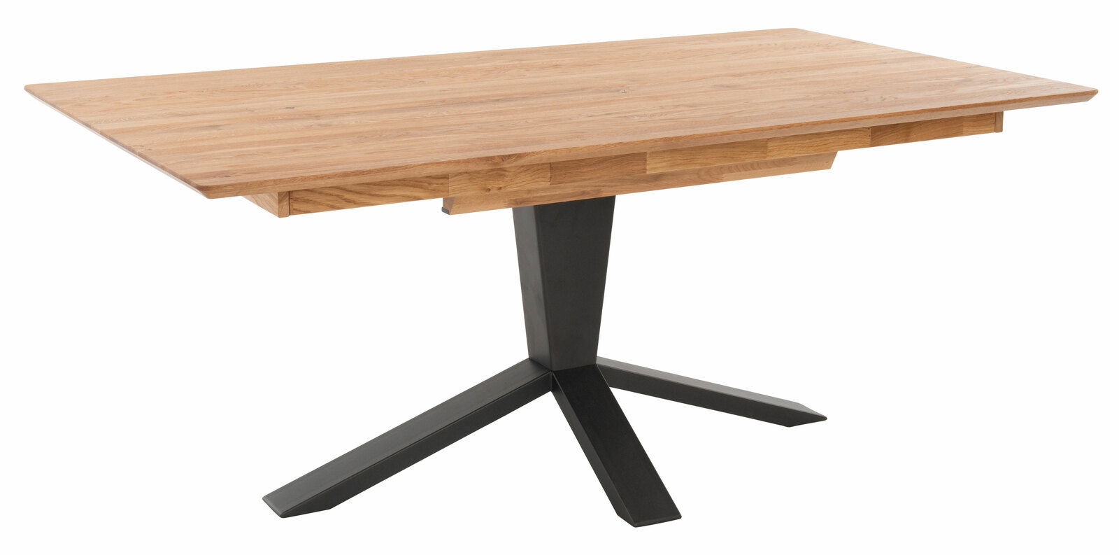 Moderner Esstisch aus Holz mit schwarzem Metallfuß, seitliche Perspektive