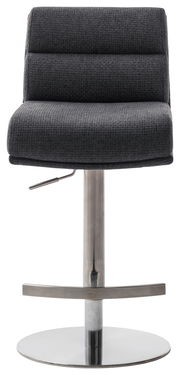Moderner Barstuhl mit grauem Stoffbezug und verchromtem Fuß, Frontalansicht
