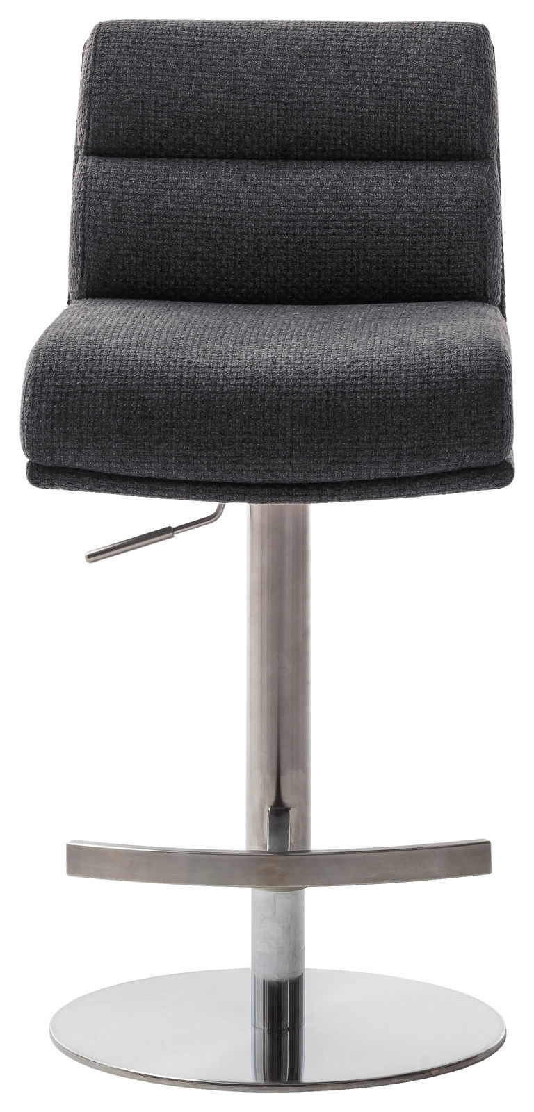 Moderner Barstuhl mit grauem Stoffbezug und verchromtem Fuß, Frontalansicht