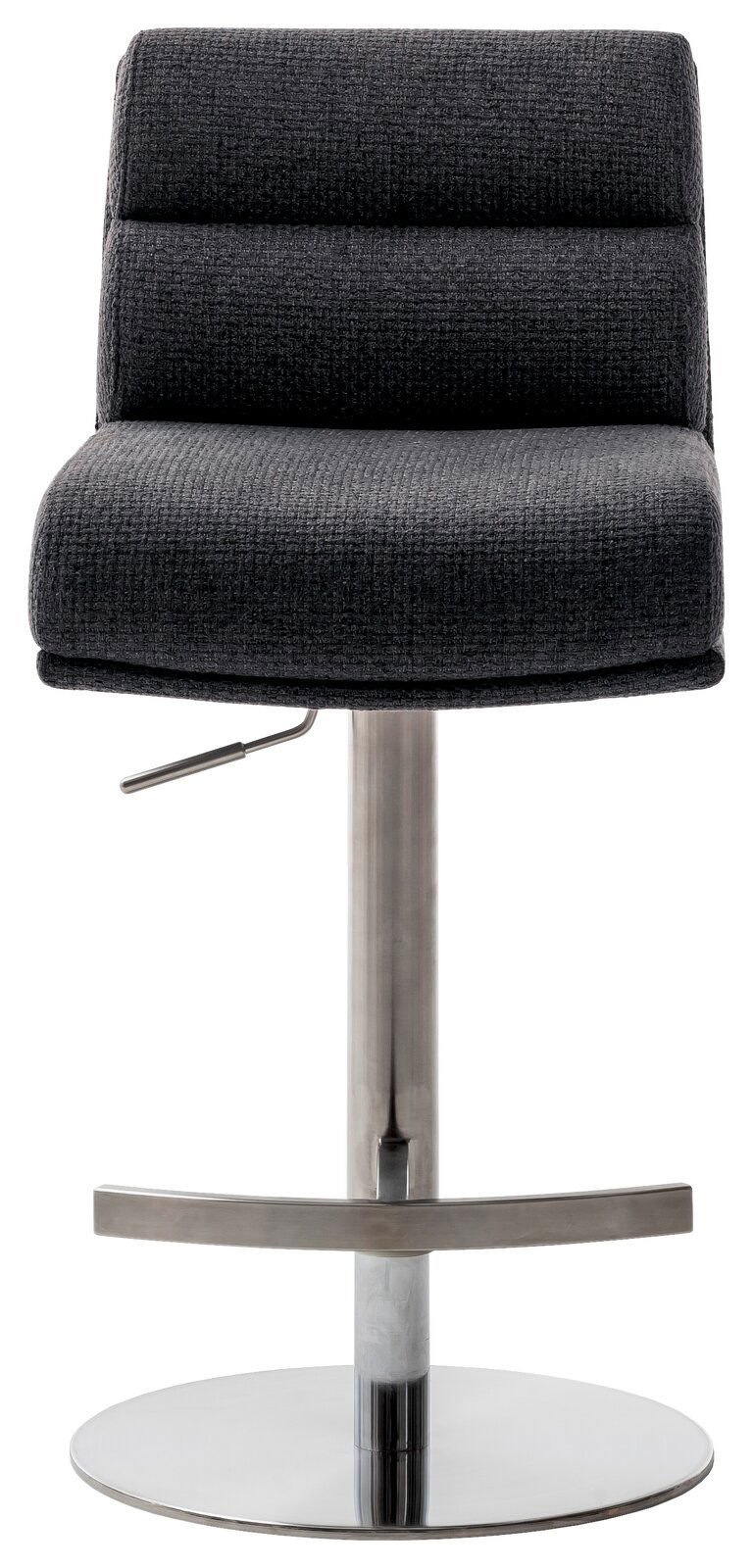 Moderner Barstuhl mit grauem Stoffbezug und verchromtem Fuß, Frontalansicht