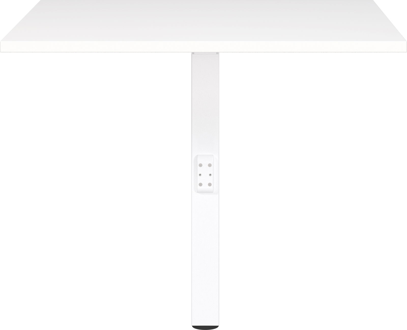 Weiße Eckverbindung aus Metall, frontal von vorne betrachtet, zur Stabilisierung von Tischplatten.