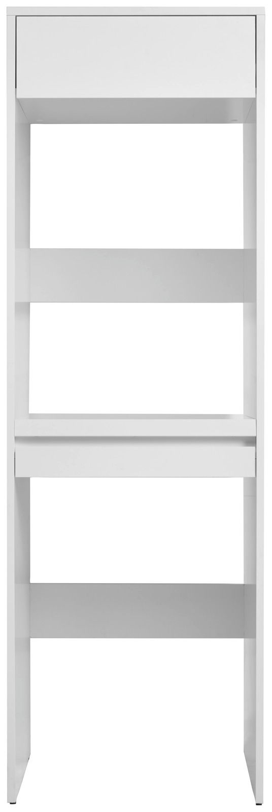 Frontalansicht eines weißen Doppel-Waschmaschinenschranks mit zwei Regalböden und einem oberen Fach.