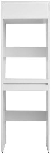 Frontalansicht eines weißen Doppel-Waschmaschinenschranks mit zwei Regalböden und einem oberen Fach.