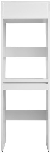 Frontalansicht eines weißen Doppel-Waschmaschinenschranks mit zwei Regalböden und einem oberen Fach.