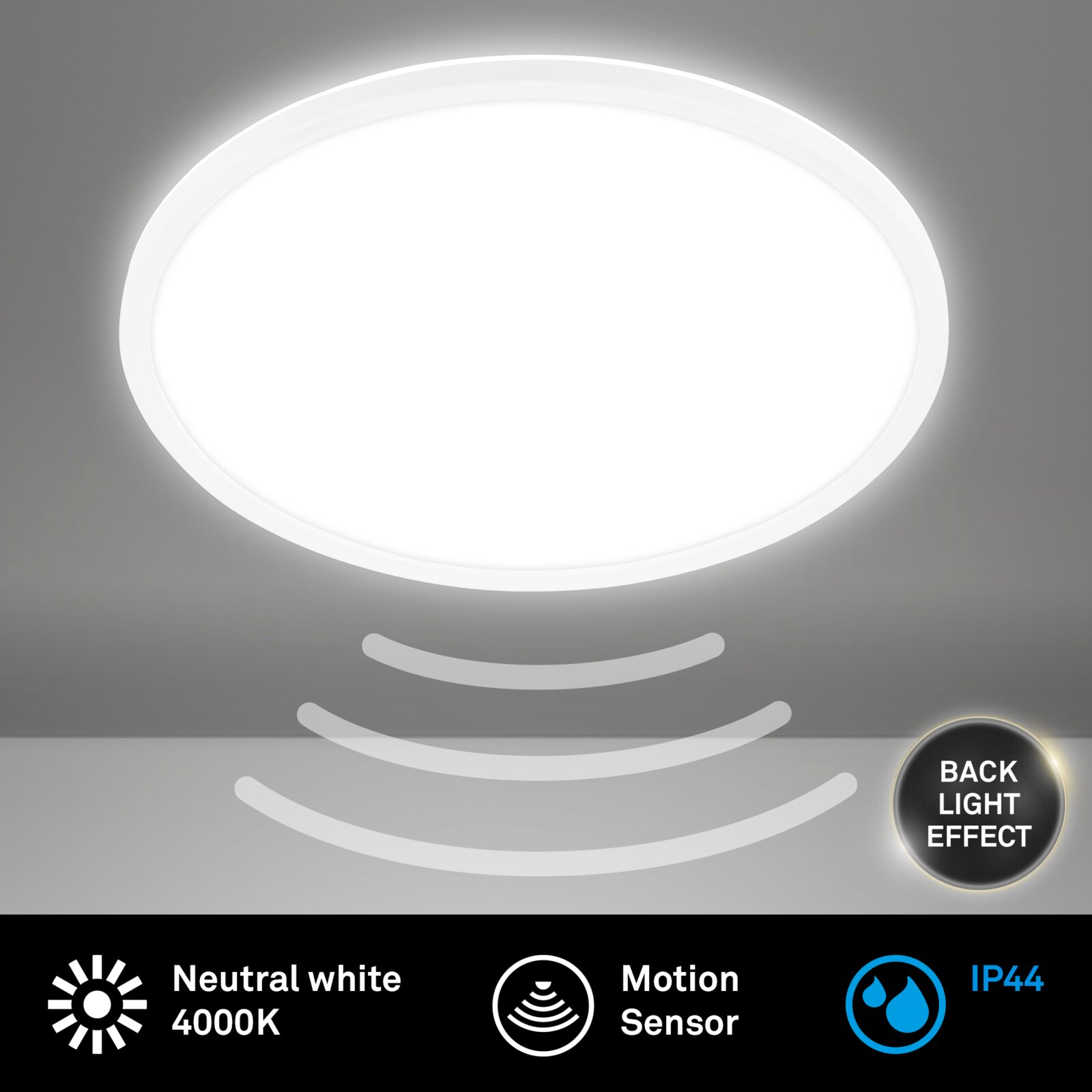 Witte ronde LED-plafondlamp met backlight-effect, neutraal wit 4000K, bewegingssensor en IP44 spatwaterdicht, gezien van onderen (frontaal).