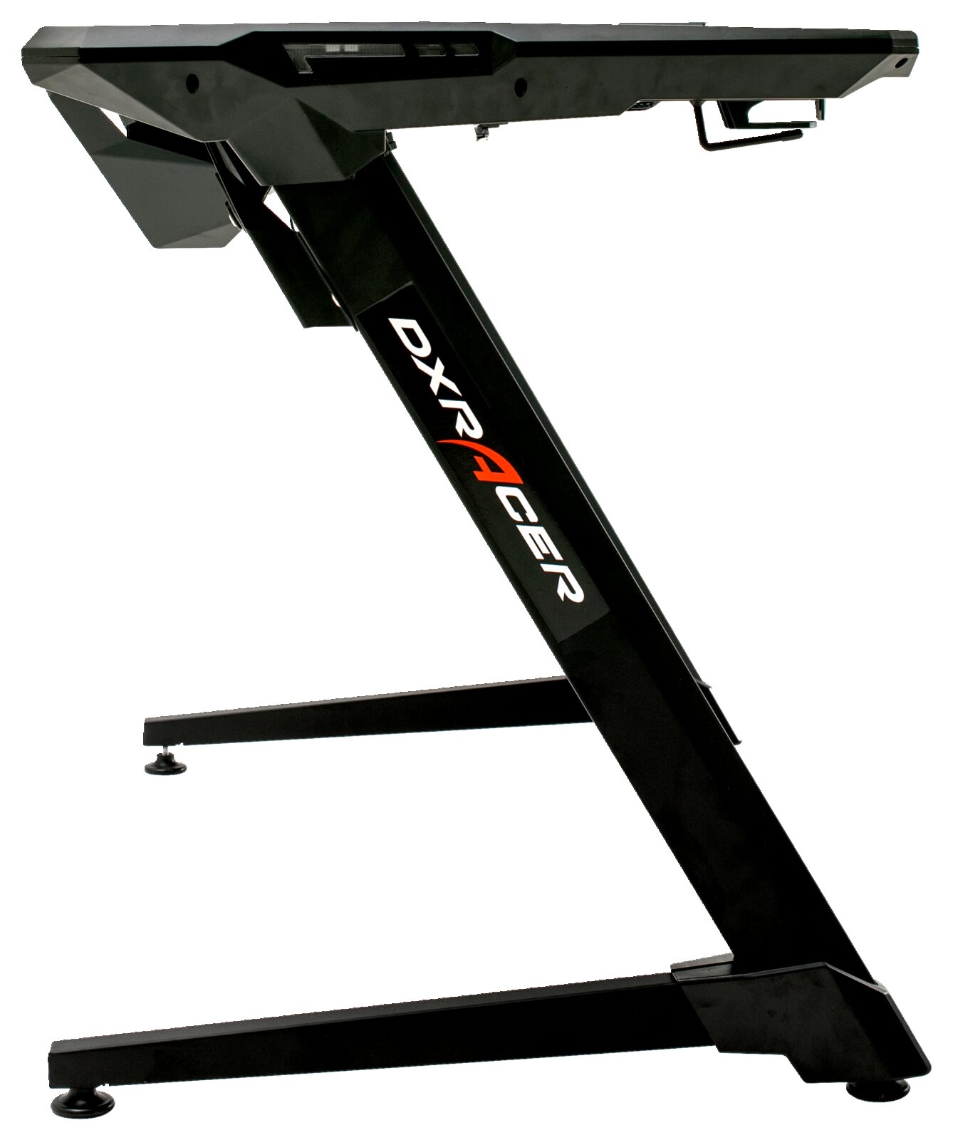 Seitliche Ansicht eines schwarzen Gaming-Tisches mit robustem Z-förmigem Gestell und DXRacer-Logo.