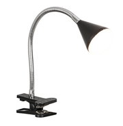 LED-Klemmleuchte mit flexiblem Schwanenhals und schwarzem Lampenschirm, seitliche Perspektive
