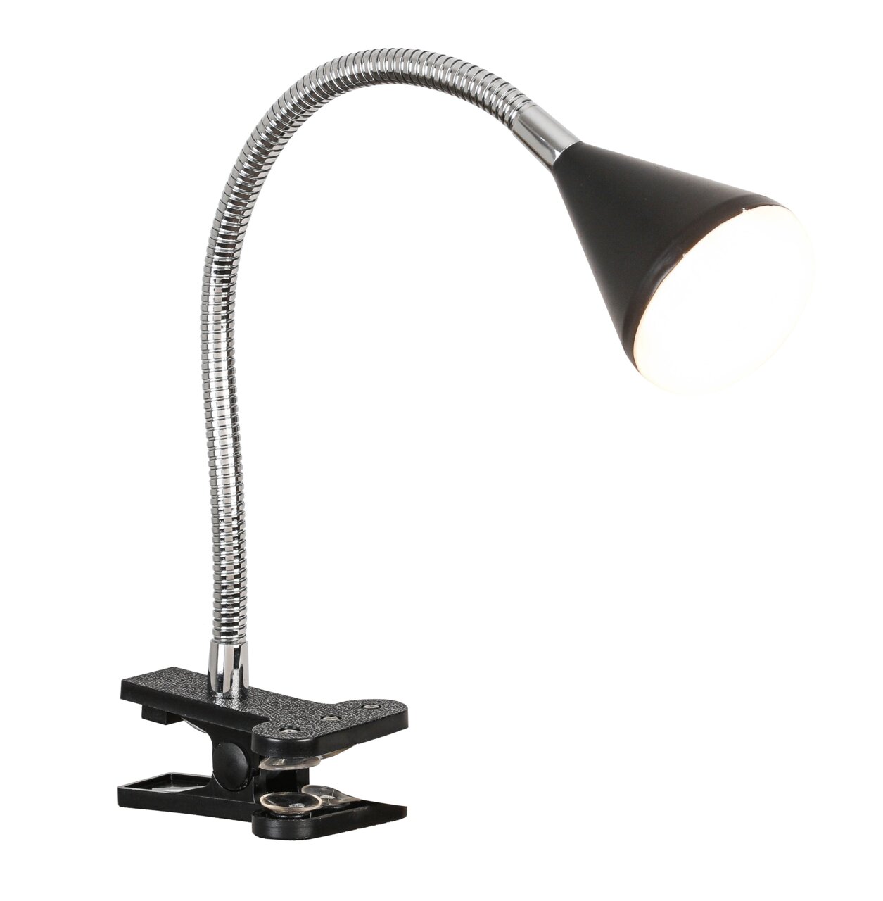 LED-Klemmleuchte mit flexiblem Schwanenhals und schwarzem Lampenschirm, seitliche Perspektive
