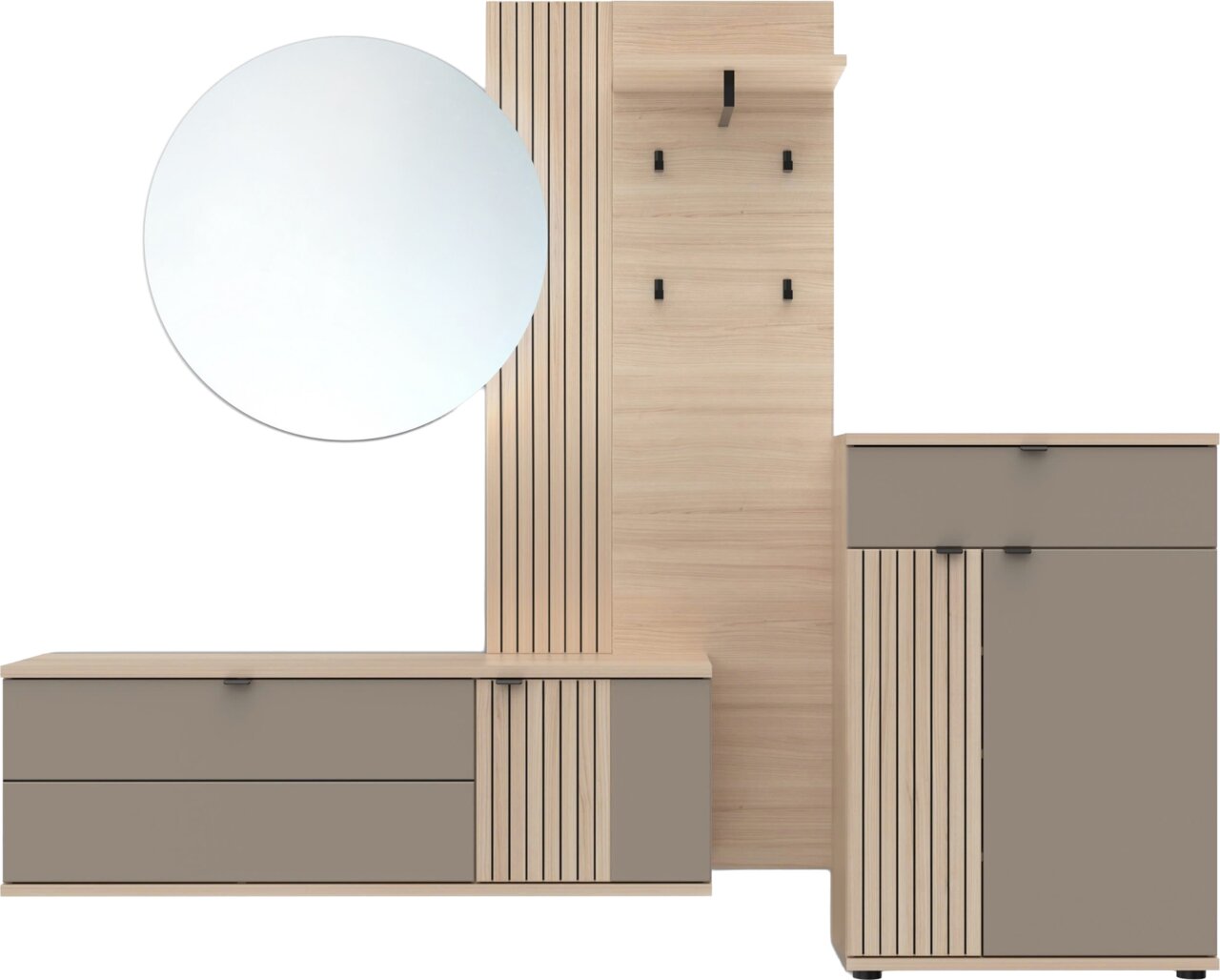 XORA Garderobenkombination PISA Moderne Garderobe mit rundem Wandspiegel, Holzpaneel mit schwarzen Haken sowie zwei Schrankelementen in Holzoptik und Taupe, Frontansicht