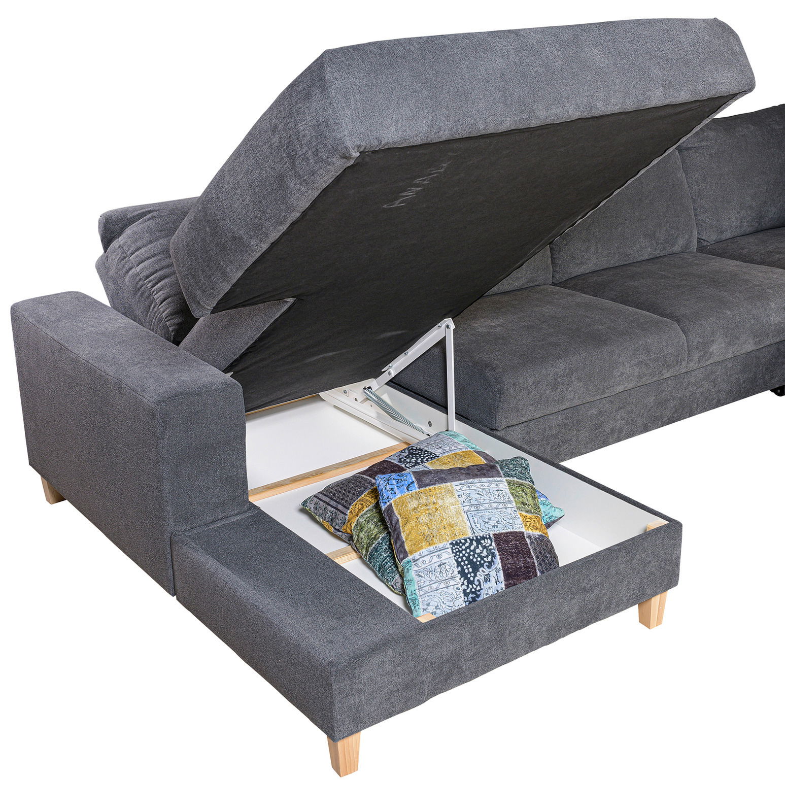 Ti´me Wohnlandschaft ANABELLE Graue Wohnlandschaft ANABELLE mit Stauraum, geöffnete Perspektive, zeigt Kissen im Fach.