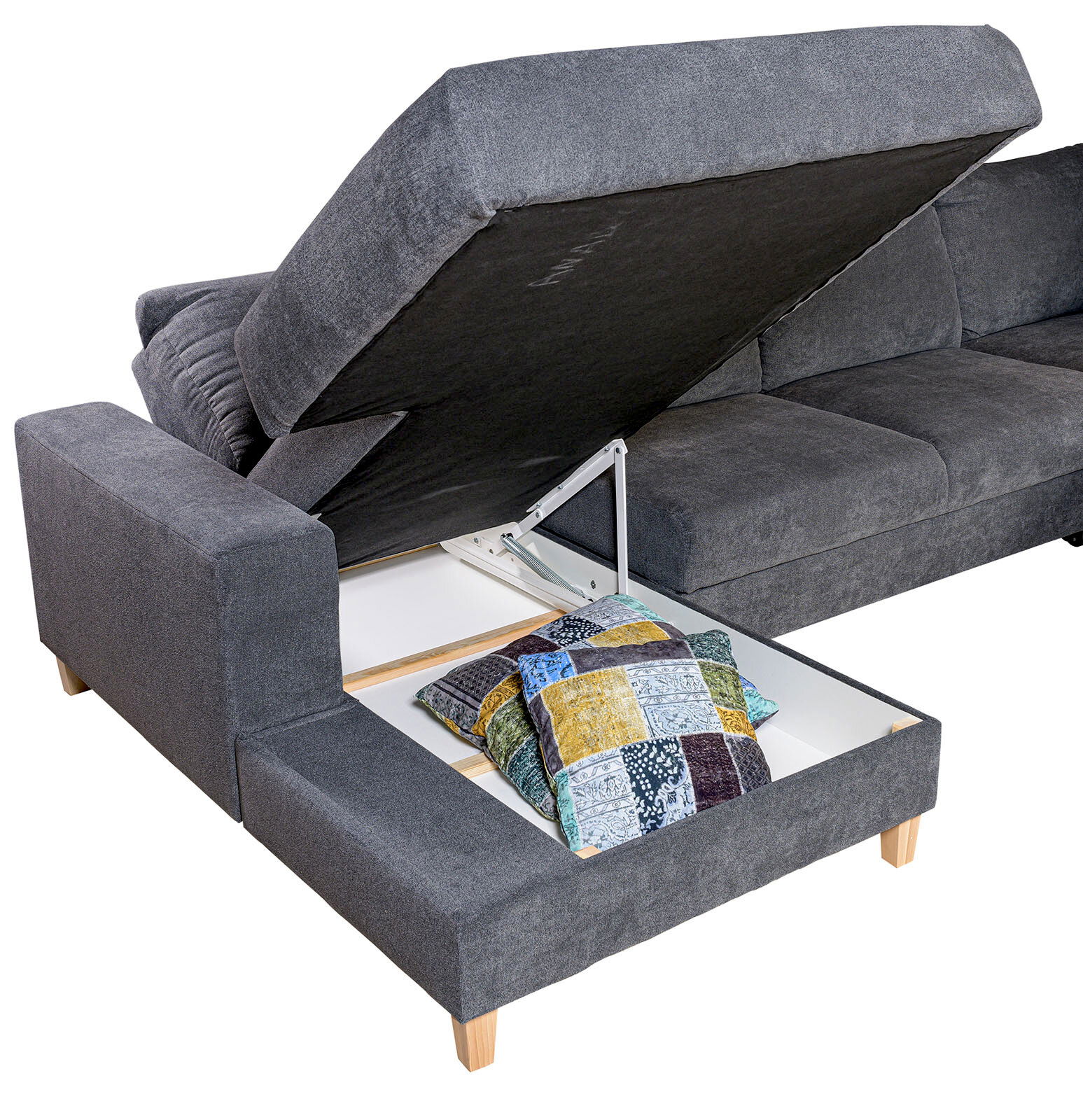 Ti´me Wohnlandschaft ANABELLE Graue Wohnlandschaft ANABELLE mit Stauraum, geöffnete Perspektive, zeigt Kissen im Fach.