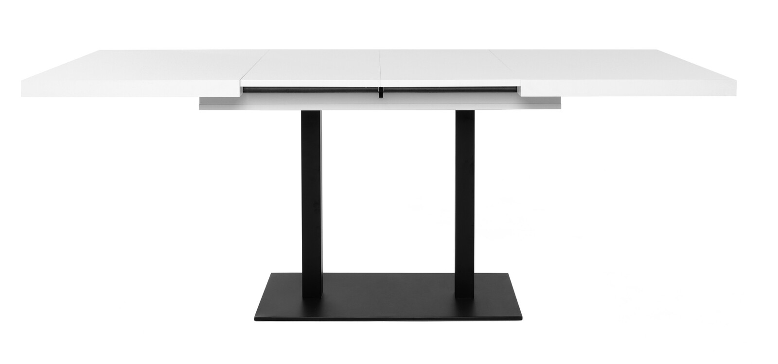 Moderner weißer Esstisch mit schwarzem Metallgestell, seitliche Perspektive