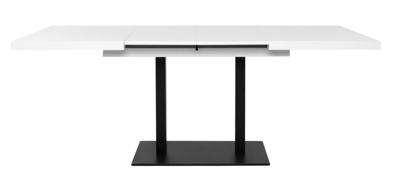 Moderner weißer Esstisch mit schwarzem Metallgestell, seitliche Perspektive