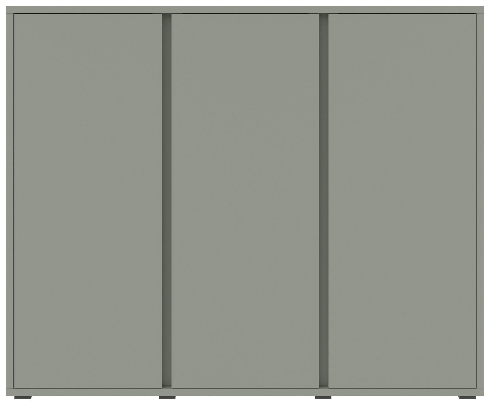 Frontansicht eines modernen, grauen Schuhschranks mit drei Türen.