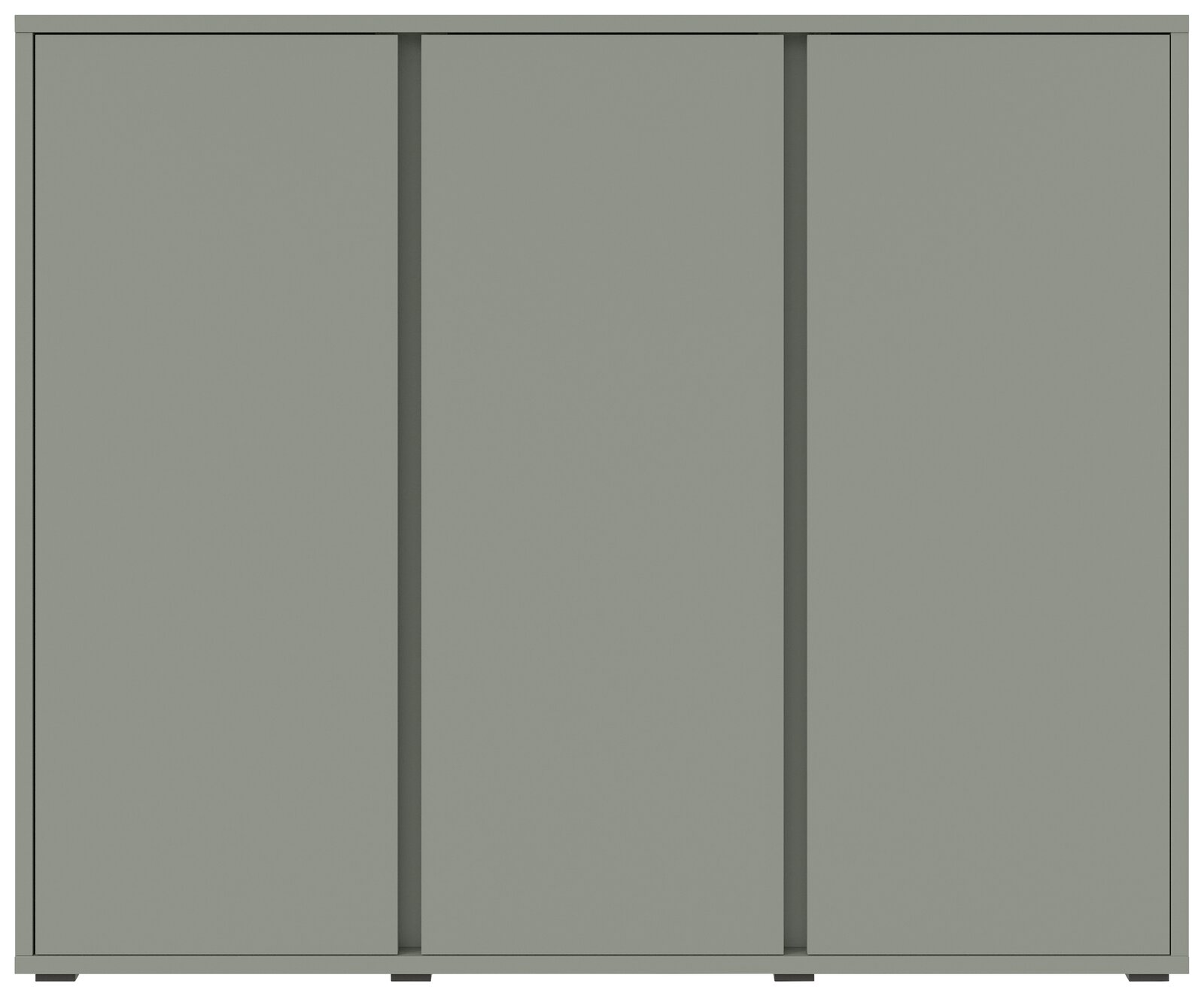 Frontansicht eines modernen, grauen Schuhschranks mit drei Türen.