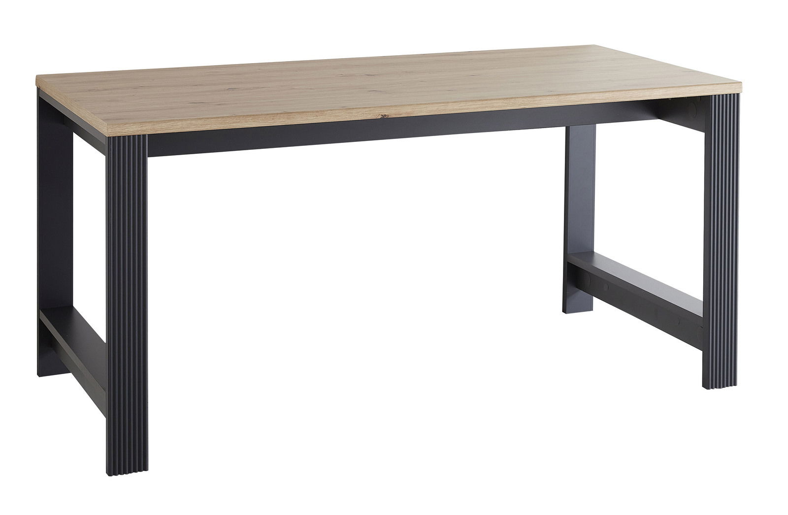 Moderner Schreibtisch mit Holzplatte und schwarzen Metallbeinen, seitliche Perspektive