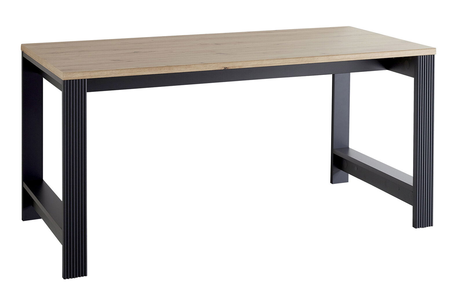 Moderner Schreibtisch mit Holzplatte und schwarzen Metallbeinen, seitliche Perspektive