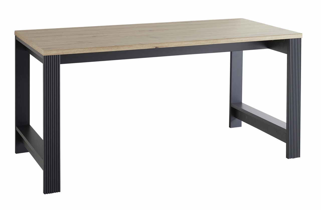 Moderner Schreibtisch mit Holzplatte und schwarzen Metallbeinen, seitliche Perspektive