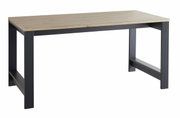Moderner Schreibtisch mit Holzplatte und schwarzen Metallbeinen, seitliche Perspektive