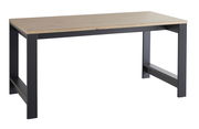 Moderner Schreibtisch mit Holzplatte und schwarzen Metallbeinen, seitliche Perspektive