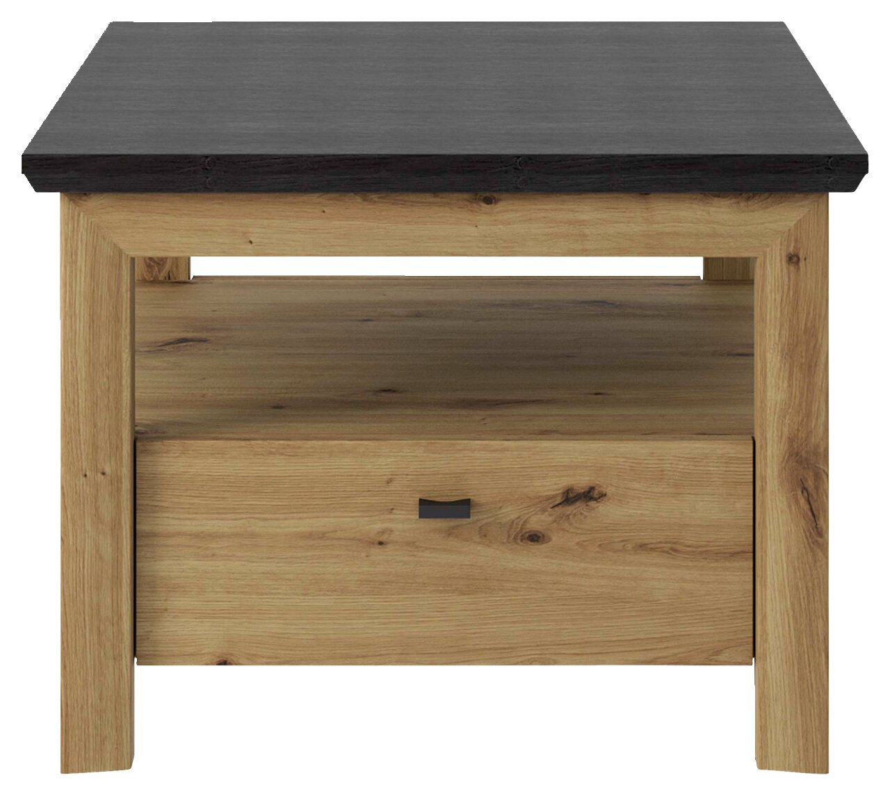 Beistelltisch aus Holz mit dunkler Tischplatte, Frontalansicht