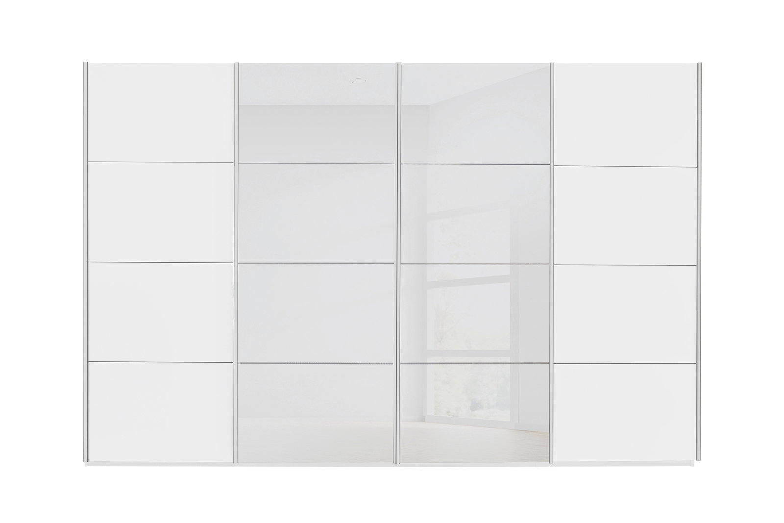 Moderner Synchron-Schwebetürenschrank in Weiß mit Spiegelfront, Frontalansicht