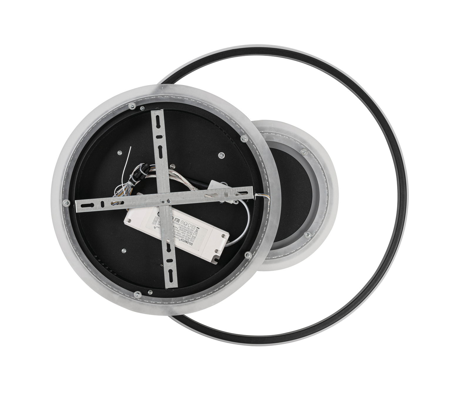 Rückansicht einer LED-Deckenleuchte mit sichtbarer Verkabelung und Montagestruktur.