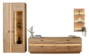 Wandkombination aus Holz mit Schrank, Kommode und Wandregal, frontal betrachtet. Integrierte Beleuchtung und dekorative Elemente.