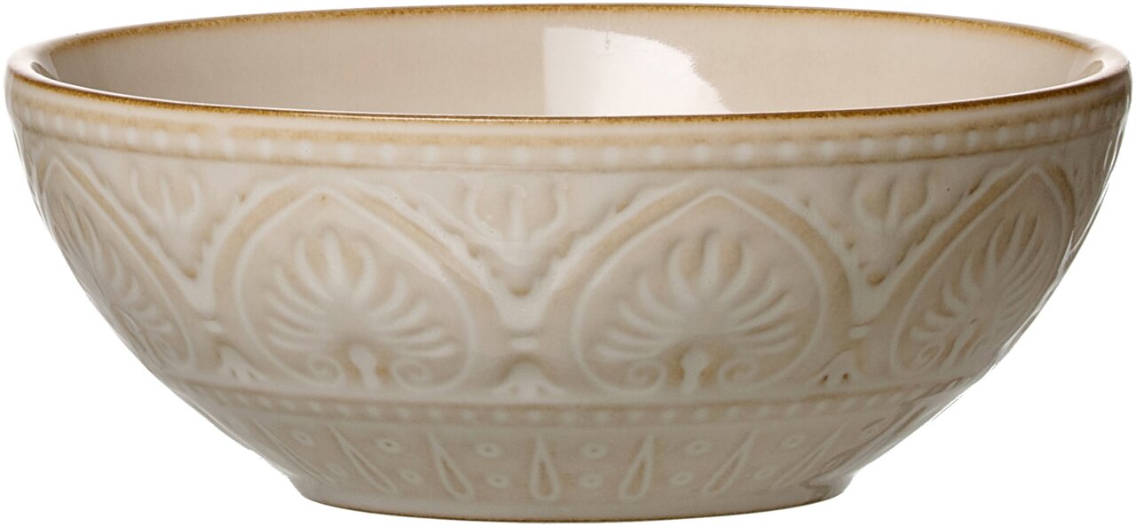 Beige Schale Omara mit einem Durchmesser von 15,5 cm, seitliche Perspektive, verziert mit einem eleganten Muster.