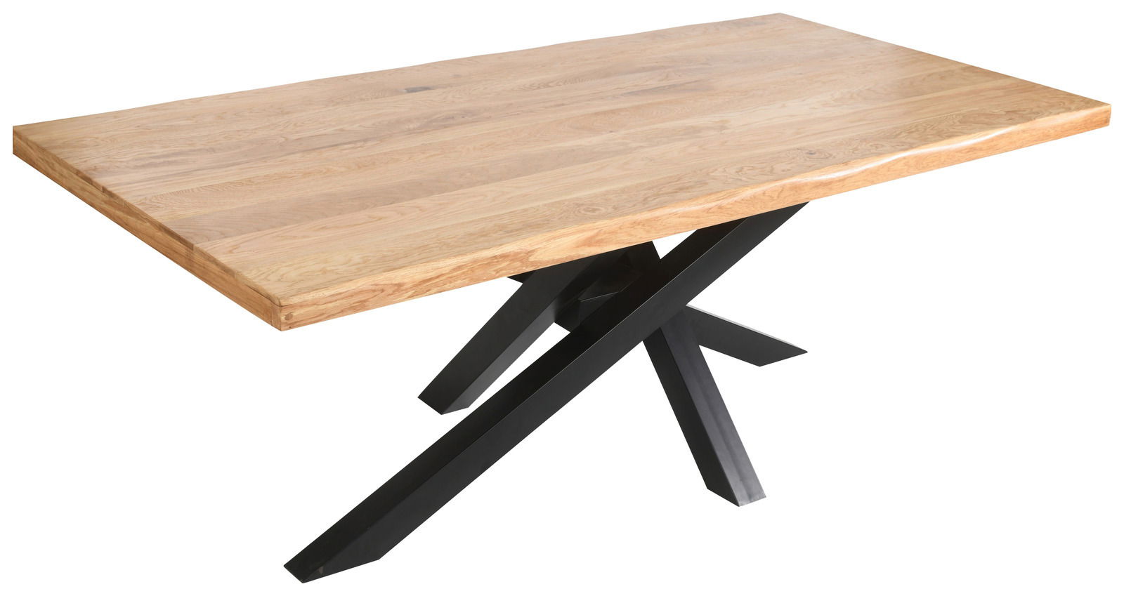 Moderner Esstisch mit Holzplatte und schwarzem Metallgestell, seitliche Perspektive