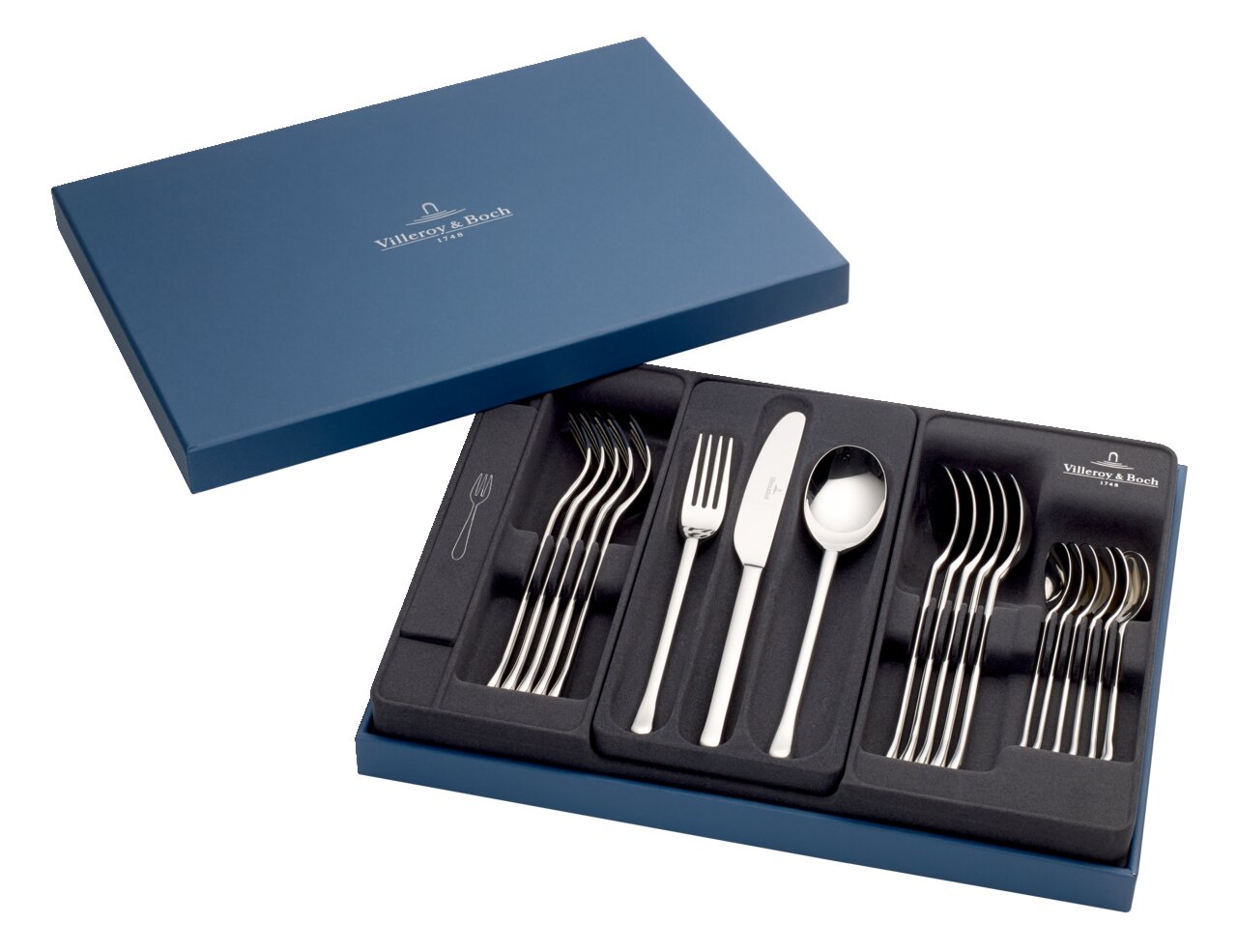 Besteckset 30-teilig in geöffneter blauer Box, von schräg oben fotografiert